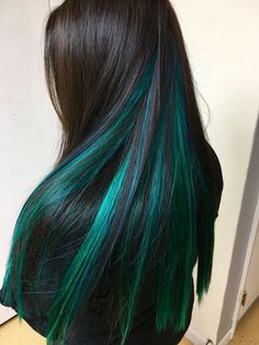 Different Color Extensions, Color In Dark Brown Hair, Peacock Green Hair Color, Teal Peek A Boo Hair, Peekaboo Teal Hair, Green Extensions Hair, Peacock Highlights Brown Hair, Black And Teal Hair Peekaboo, Peacock Hair Color Peekaboo