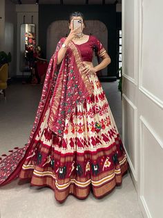 Designer patola print lehenga choli for women, Indian wedding chaniya choli with foil work, tussar silk lengha for function,reception lengha Lehenga(Stitched) Color : Off White  Lehenga Fabric : Tussar Silk  Lehenga Work : Patola Print With Foil Work  Waist : SUPPORTED UP TO 40 Lehenga Closer : Drawstring With Heavy Tassels And Zip Stitching : Stitched With Canvas And Attached With Can Can Length : 40 Flair : 4 Meter  Inner : Micro Cotton Blouse(Unstitched) Blouse fabric : Tussar Silk  Blouse Wo Wedding Chaniya Choli, Zip Stitching, White Lehenga Choli, Patola Print, Lehenga Choli Designs, White Lehenga, Cotton Lehenga, Navratri Chaniya Choli, Lehenga Designs Simple