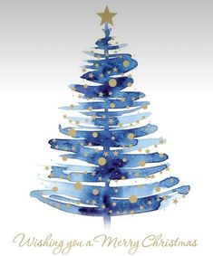 a blue christmas tree with gold stars on it's top and the words wishing you a merry christmas