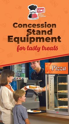 a man and woman serving food to children at a restaurant with an orange sign that says concession stand equipment for tasty treats