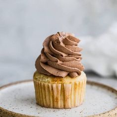 a cupcake with chocolate frosting on a plate