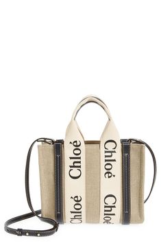 Chloé's classic logo stands out at the sturdy straps of this scaled-down tote in linen canvas set off with topstitched leather trim. The style comes with a crossbody strap for the option of hands-free carry. Open top Top carry handle; removable, adjustable crossbody strap Interior card slot Structured silhouette with flat base for stability Unlined Textile with leather trim Made in Italy Designer Handbags This brand has B Corp certification, representing business practices with emphasis on socia Small Tote Bag, Mini Tote Bag, Small Canvas, Chloe Bag, Small Tote, Mini Tote, Canvas Leather, White Bag, Leather Handle