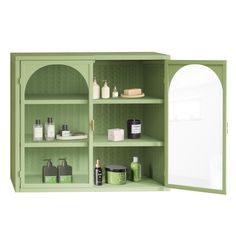 a green cabinet with many items on it