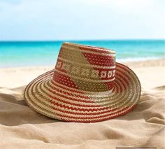 Sombreros de Paja de Colores - Sombrero Wayuu Tejido a Mano, this sombrero has a golden color it is very easy to use! Dimensions of diameter 57 cm are considered a size L Wide Brim Beach Hat For Cinco De Mayo, Wide Brim Hats For Beach And Cinco De Mayo, Brimmed Beach Hats For Cinco De Mayo, Traditional Hat For Beach And Cinco De Mayo, Traditional Straw Hat For Summer Rodeo, Traditional Handwoven Hat Bands For Beach, Traditional Red Summer Hat, Traditional Red Beach Hat, Traditional Red Hat For The Beach