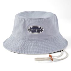 Not only will the adjustable chin strap Bucket Hat keep the sun out of your eyes, it can be easily packed away while you're soaking up good vibes on the go. 100% Cotton 8.85 oz. Garment and fabric washed for softness Two eyelets on each side Cord with faux leather adjuster Embroidered graphic Imported | Life is Good LIG Vintage Oval Bucket Hat in Stone Blue Recycled Tote, Sea Bags, Steamboat Willie, Fish Patterns, Blue Clouds, Daisy Pattern, Help Kids, Children In Need, Butterfly Pattern