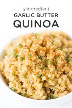 a white bowl filled with garlic butter quinoa