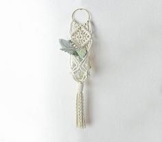 a macrame keychain hanging on a wall with a green plant in it