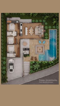 an aerial view of a house with pool and living room in the middle of it