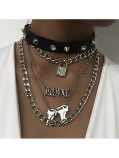 Silver Grunge Choker For Concert, Silver Emo Choker For Concert, Grunge Choker With Adjustable Chain, Trendy Silver Choker For Concert, Trendy Chain Choker For Concerts, Emo Style Silver Choker For Party, Emo Silver Choker For Party, Black Metal Grunge Choker, Punk Black Metal Choker