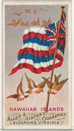 an old postcard with a flag and birds