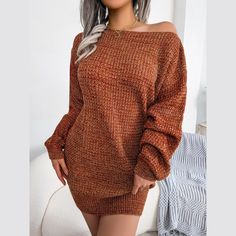 Cozy up in style with our Soleil Sweater Dress. We love how carefree and high-spirited this looks, you will look stylish with a little effort. Crafted on soft wool with a flattering combination of dark orange and apricot threads, detailed into an off-shoulder neckline with long bishop sleeves. The mini length stops short right before grazing mid-thigh. Also available in gray and turquoise. Styling Tips:Pair yours with sneakers or boots to give off cozy girl vibes. Belt Not IncludedColor: Burnt O Burnt Orange Maternity Dress, Orange Maternity Dress, Coat Outfit Winter, Plus Size Elegant Dresses, Pullovers Outfit, Wool Knitted Dress, Sweater Mini Dress, Lantern Sleeve Sweater, Office Holiday Party