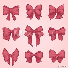 set of red bows with different shapes and sizes on pink background, for decoration or design