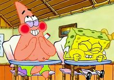 spongebob and patrick are sitting at the table