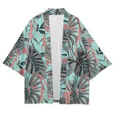 Our Tropical Kimono Shirt, a perfect blend of exotic flair and comfortable style. Embrace the vibrant energy of the tropics with this beautifully designed shirt that is sure to make a statement wherever you go. Crafted with care, our Tropical Kimono Shirt features lightweight and breathable fabric, making it ideal for warm weather and beach destinations. Its loose and flowing silhouette offers both comfort and versatility, allowing you to effortlessly transition from lounging poolside to explori Casual Green Floral Print Hawaiian Shirt, Green Floral Print Hawaiian Shirt For Summer, Patterned Printed Hawaiian Shirt For Spring, Spring Patterned Printed Hawaiian Shirt, Green Hawaiian Shirt With Graphic Print For Spring, Patterned Hawaiian Shirt With Graphic Print For Vacation, Spring Hawaiian Shirt In Green With Graphic Print, Spring Hawaiian Shirt With Graphic Print In Green, Patterned Hawaiian Tops For Spring