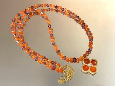 Orange Carnelian Beaded Gemstone Necklace, Sparkling Crystal Flower Necklace, Purple and Orange Gift Necklace, Gemstone Cross Necklace by CinnamonAndSilver on Etsy Orange Carnelian Beaded Necklace For Gift, Elegant Orange Beaded Crystal Necklace, Elegant Orange Carnelian Beaded Necklace, Orange Carnelian Gemstone Necklace, Orange Carnelian Hand-strung Necklace, Prom Necklaces, Oranges Gift, Upcycled Vintage Jewelry, Pearl Statement Necklace