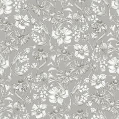 a gray and white floral wallpaper with lots of flowers