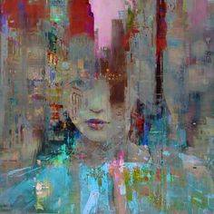 an abstract painting of a woman's face with city buildings in the background and bright colors