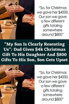 two women holding presents in their hands with the words, my son is clearly representing us'dad gives six christmas gifts to his daughter and $ 500