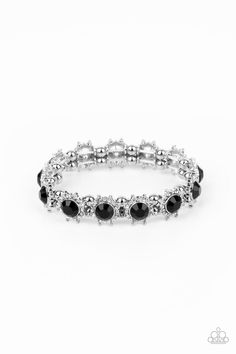 Featuring oversized black rhinestone centers, glittery white rhinestone floral frames join pairs of classic silver beads along stretchy bands around the wrist for a glamorous display. Sold as one individual bracelet. Floral Frames, Tarnished Jewelry, Shine Bright Like A Diamond, Bracelet Online, Black Bracelets, Paparazzi Accessories, Stretchy Bracelets, White Rhinestone, Affordable Jewelry