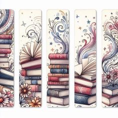 four bookmarks with books and flowers on them