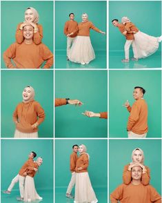 a man and woman are posing in different poses with their arms around each other as they dance