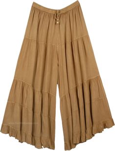 A relaxed pair of long solid khaki palazzo pants for the summer season. The huge flare gives it a feminine yet cool bohemian look, almost looks like a skirt with divided legs. You can mix and match the styles and wear them with tops of different colors. It has an elastic waistband and drawstrings for extra comfort. These casual summer day pants will go with every style and fashion. You can wear them with flats or heels. You can wear jewelry and accessorize yourself. The fabric is lightweight and Solid Color Summer Wide Leg Full Length Pants, Summer Solid Color Wide Leg Pants, Summer Solid Color Full Length Wide Leg Pants, Solid Color Summer Wide Leg Pants, Summer Full Length Solid Wide Leg Pants, Bohemian Brown Bottoms For Vacation, Bohemian Summer Pants In Solid Color, Khaki Wide Leg Beach Pants, Bohemian Brown Bottoms For Summer