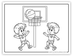 two children playing basketball in front of a hoop