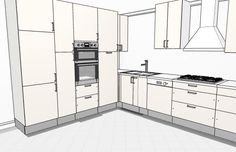 a drawing of a kitchen with white cabinets