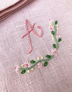 a close up of a piece of cloth with flowers on it and the letter k