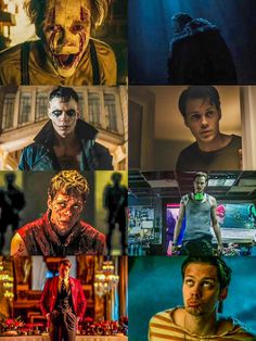 many different images of people in horror movies and the same one with an evil face