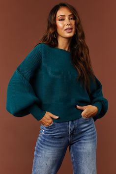 She+Sky Dark Teal Boat Neckline Dolman Sleeve Sweater | Lime Lush Colorful Dresses Casual, Winter Outfits 2020, Sky Dark, Winter Sweater Outfits, Lime Lush Boutique, Lime Lush