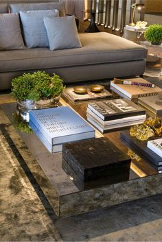 a coffee table with books on it in front of a couch and some planters