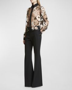 Elie Saab shirt in floral embroidered tulle    Point collar; concealed button front    Long sleeves; button cuffs    Relaxed fit    Nylon/polyamide/wool/virgin wool    Made in Lebanon Luxury Long Sleeve Shirt With Floral Embroidery, Luxury Long Sleeve Hand-embellished Blouse, Elegant Button-up Embellished Blouse, Luxury Long Sleeve Top With Floral Applique, Luxury Floral Embroidery Button-up Blouse, Embroidered Tulle, Rich Fabric, Embroidered Lace, Elie Saab