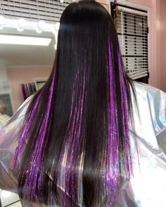 Purple Hair Tinsel, Tinsel Ideas, Black And Purple Hair, Fairy Hair Tinsel, Hidden Rainbow Hair, Emo Fairy, Bead Extensions