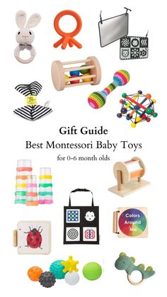 the gift guide for montessori baby toys is shown in this image with text