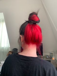 Black Red Underneath Hair, Half Hair Dyed Underneath Red, Half Half Hair Color Underneath, Under Red Hair Dye, Half Died Under Hair Red, Black And Red Hair Underneath, Hidden Red Hair Color, Red Dye Underneath Hair, Black With Color Underneath Hair