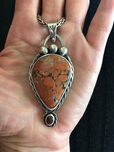 "Pumpkin Spice Magnesite, handmade, one-of-a-kind, statement pendant. Update your fall style with a beautiful pear shaped sunstone, set in sterling silver with a 18\" chain. Magnesite is known for its calming properties and improving creative visualization, and can help induce a positive attitude on life. I chose the word \"believe\", to honor the future life you envision for yourself. Shipping is free within the United States.  This item weighs 34 grams. This is a one of a kind necklace, the on Silver Pumpkins, Creative Visualization, Statement Pendant, Future Life, Fall Style, Positive Attitude, Mother Day Gifts, Pear Shaped, Pumpkin Spice