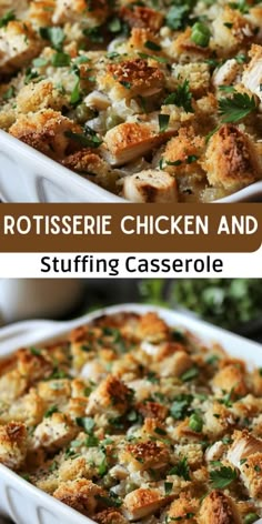 two pictures showing different types of casserole with chicken and stuffing in the bottom