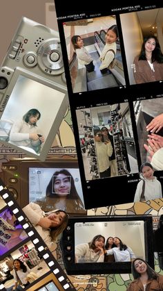 multiple pictures of women and men in the process of making an image on their cell phone