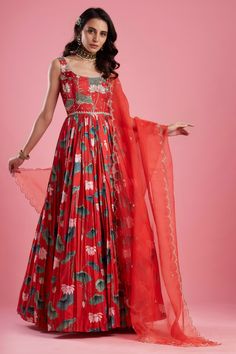 Editor's Note This set features a printed anarkali with organza dupatta. Color: Red Fabric: Dola Silk; Organza Care: Dry Clean Only About the Designer Aayushi Maniar label was founded in the year 2016. The brand defines luxury with comfort and modern design philosophy. Her styles comprise fashion-forward statement pieces like Cape tops, Pre draped sarees, Lehengas and Anarkalis. The aim is to keep traditional aspects with a fresh and renewed perspective that is perfect for a modern woman, a new Bollywood Style Party Anarkali Set With Digital Print, Anarkali Lehenga With Digital Print, Anarkali Georgette Lehenga With Digital Print, Floor-length Digital Print Dupatta For Party, Party Floor-length Digital Print Dupatta, Bollywood Style Party Dupatta With Digital Print, Bollywood Style Georgette Anarkali Set With Digital Print, Festival Sharara With Digital Print For Parties, Digital Print Sharara For Party And Festivals