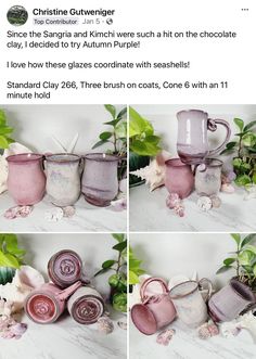 some pink and white vases sitting on top of a marble counter next to green plants