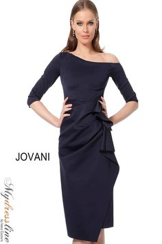 Looking for a sophisticated and sexy cocktail dress? Check out Jovani 1035! This figure-flaunting style features an off-the-shoulder neckline and knee-length skirt. Made of luxurious fabric, this dress is perfect for any special occasion. Off The Shoulder Cocktail Dress, Cocktail Dress Style, Elegant Dresses Short, Knee Length Cocktail Dress, Jovani Dresses, Unique Prom Dresses, Short Cocktail Dress, Stunning Dresses, Three Quarter Sleeves