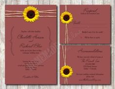 the sunflower wedding stationery is shown in red and yellow