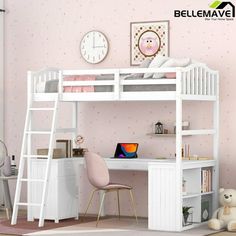 a white bunk bed with desk and chair in a child's playroom or bedroom