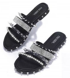 Make heads turn in these super Hot spike and rhinestone detail sandals. These gorge sandals feature spike detail and padded insoles. Can be paired with basically anything in your closet. Luxury Black Spiked Sandals, Luxury Open-heeled Sandals With Spikes, Cheap Party Sandals With Spikes, Luxury Studded Black Sandals, Luxury Spiked Party Sandals, Luxury Spiked Open Heel Sandals, Luxury Spiked Sandals For Parties, Luxury Spiked Sandals With Round Toe, Luxury Black Sandals With Textured Footbed