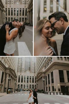 a couple kissing in the middle of an empty city street with tall buildings behind them