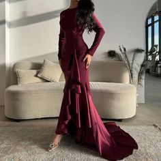 Custom Made Mermaid Evening Gown. Beautiful Burgundy Color And Silk Train. Burgundy Gown Long Sleeve, Long Sleeve Ruffled Gown For Gala, Burgundy Evening Dress With Sweep Train, Burgundy Gown With Sweep Train For Formal Occasions, Burgundy Gown With Sweep Train For Formal Events, Fitted Burgundy Prom Maxi Dress, Burgundy Formal Gown With Sweep Train, Formal Burgundy Gown With Sweep Train, Red Mermaid Hem Evening Dress For Banquet