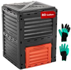 two pairs of gloves are attached to the back of a carton box that holds an orange and black glove