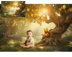 a baby sitting on the ground in front of a tree with winnie the pooh balloons