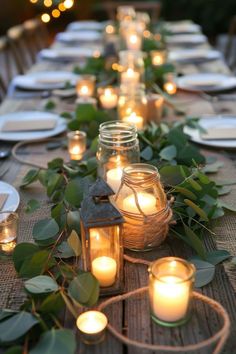 Outdoor Intimate Dinner Party, Candle Tablescapes Dinner Parties, Make Your Own Dinner Party Ideas, Boho Outdoor Dinner Party, Party Tablescapes Ideas, Anniversary Party Decorations Outdoor, Sunroom Party Ideas, Rustic 80th Birthday Party Ideas, Rustic Outdoor Party Ideas